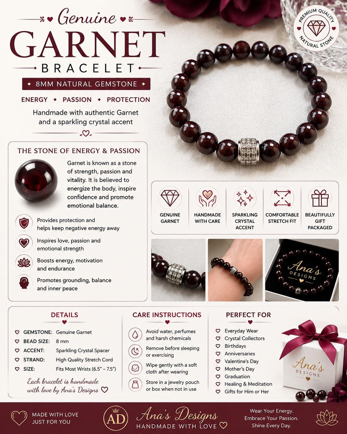 Genuine Garnet Bracelet | 8mm