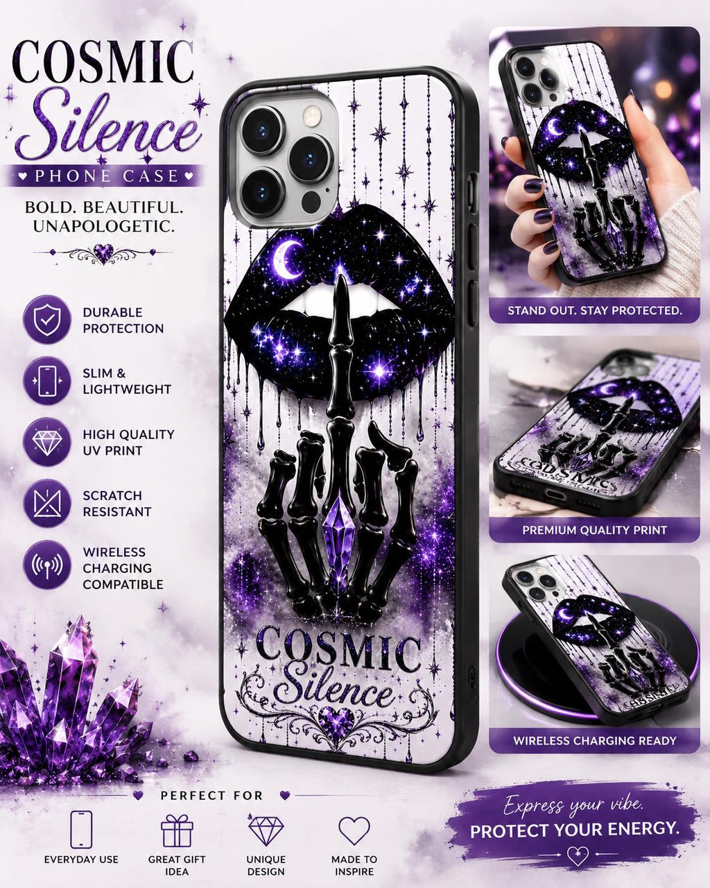 Bold Unapologetic Phone Case: Glitter Lips, Skeleton Hand, Celestial Design