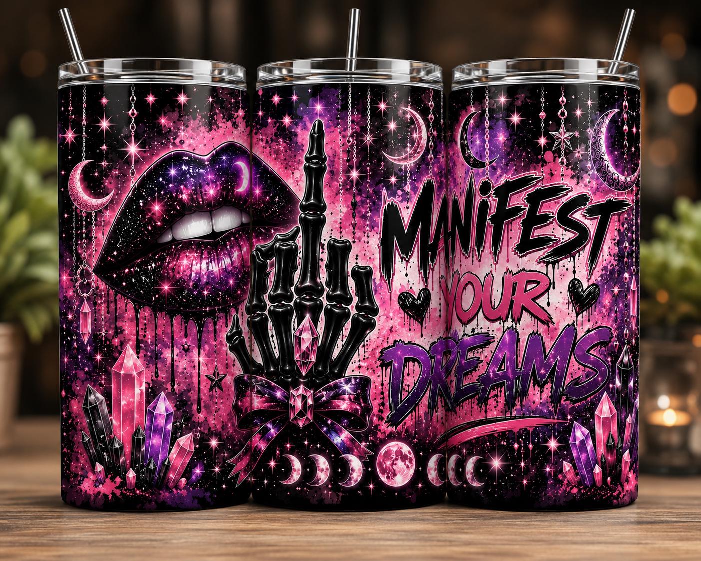 Gothic Skeleton Tumbler | Manifest Dreams, Kindness Free | Sublimation Print