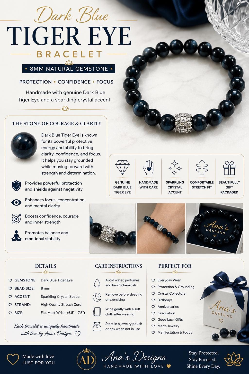 Dark Blue Tiger Eye Bracelet | 8mm