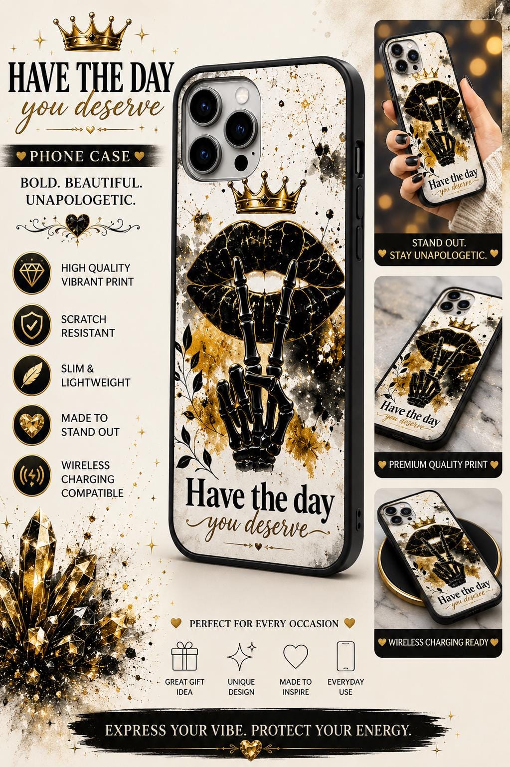 Bold Unapologetic Phone Case: Glitter Lips, Skeleton Hand, Celestial Design