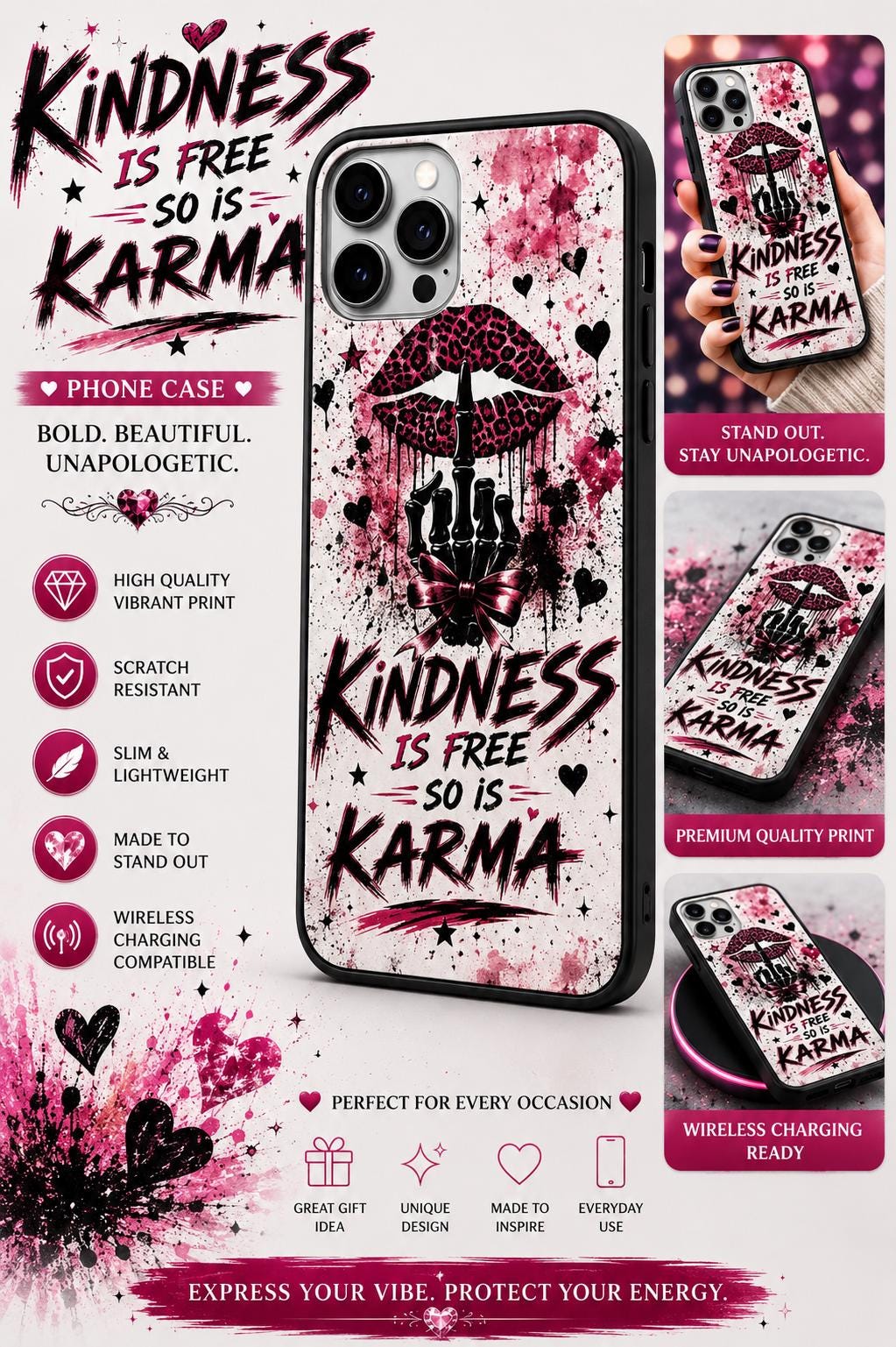 Bold Unapologetic Phone Case: Glitter Lips, Skeleton Hand, Celestial Design