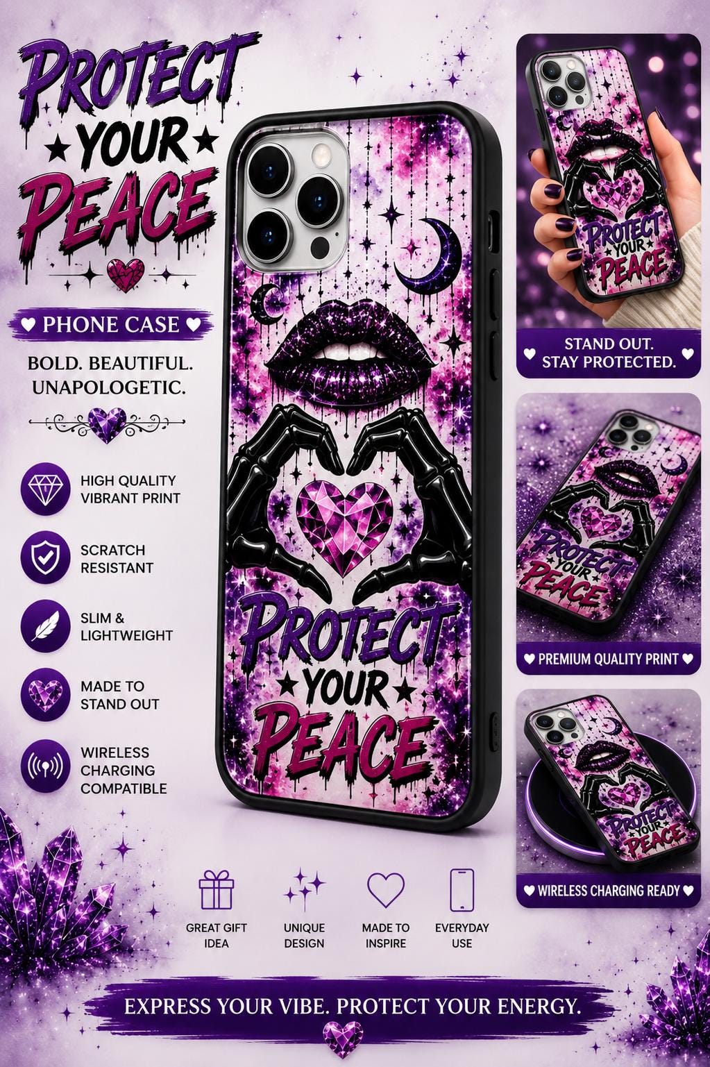 Bold Unapologetic Phone Case: Glitter Lips, Skeleton Hand, Celestial Design
