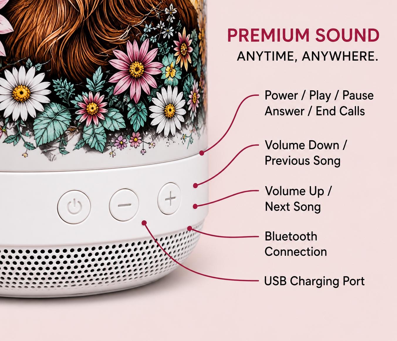 Floral Highland Cow Bluetooth Speaker Tumbler | 16 oz Insulated Can Cooler Cup