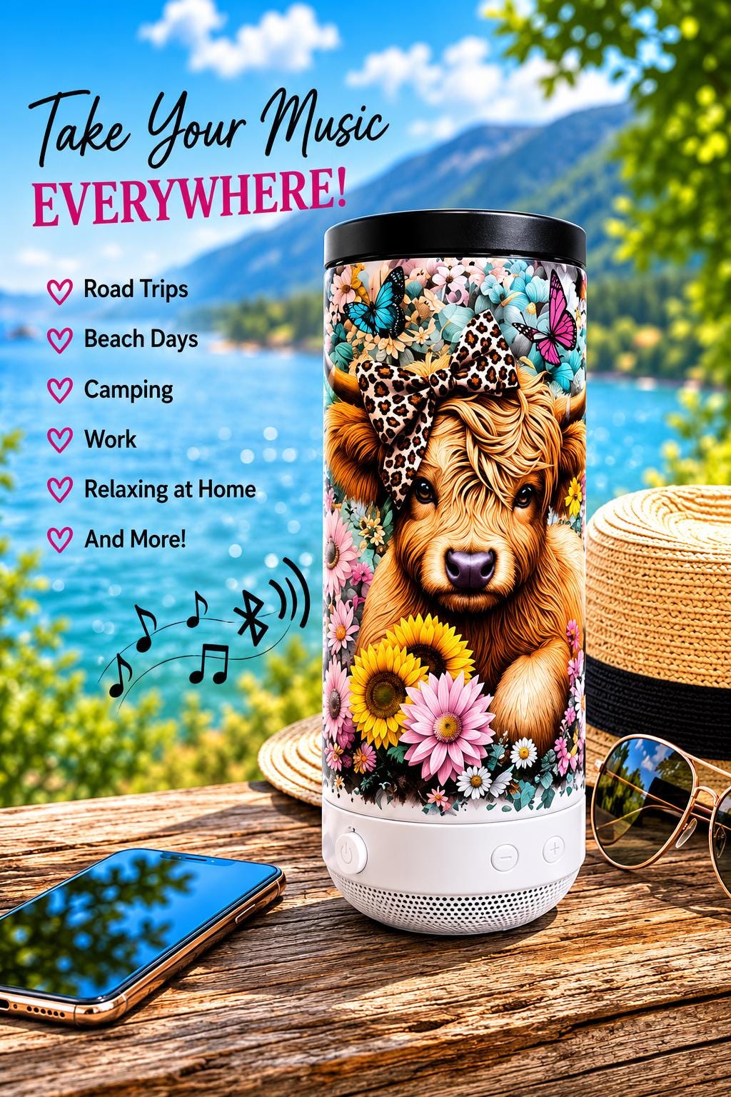 Floral Highland Cow Bluetooth Speaker Tumbler | 16 oz Insulated Can Cooler Cup