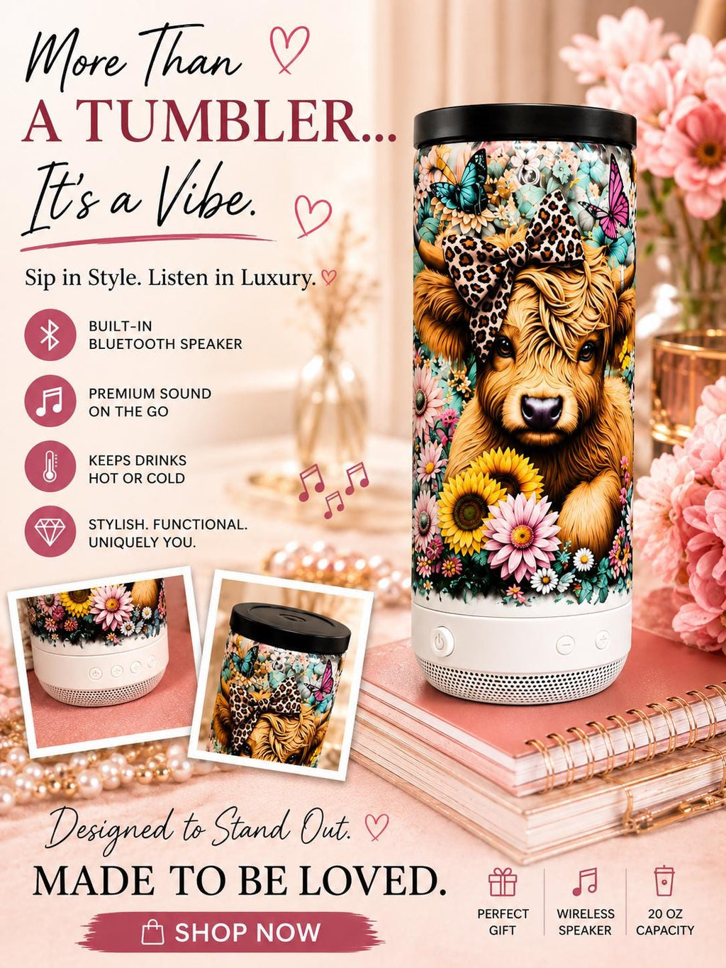 Floral Highland Cow Bluetooth Speaker Tumbler | 16 oz Insulated Can Cooler Cup