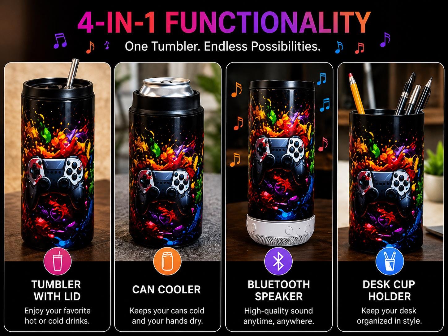 16 oz Gaming Bluetooth Speaker Tumbler | RGB Controller Can Cooler Cup | Insulated Travel Mug