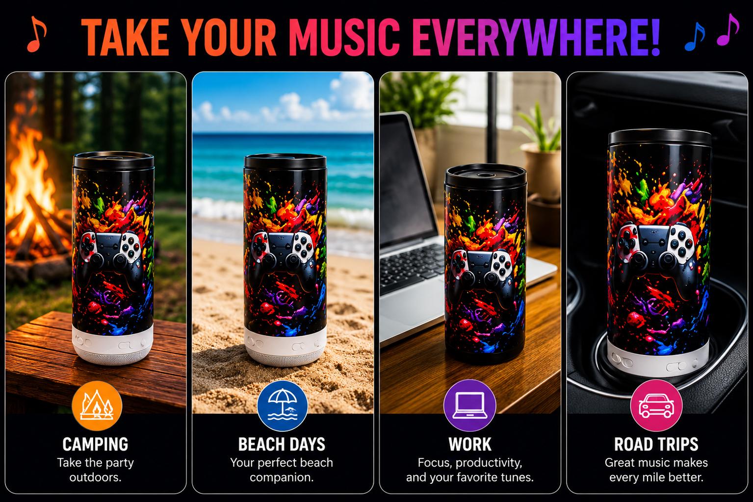 16 oz Gaming Bluetooth Speaker Tumbler | RGB Controller Can Cooler Cup | Insulated Travel Mug
