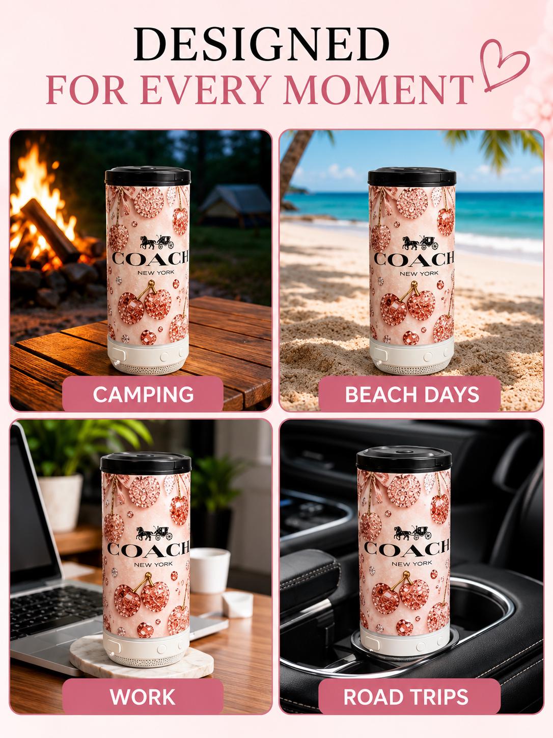 16 oz Bluetooth Speaker Tumbler | Cherry Design Can Cooler, Insulated Travel Mug
