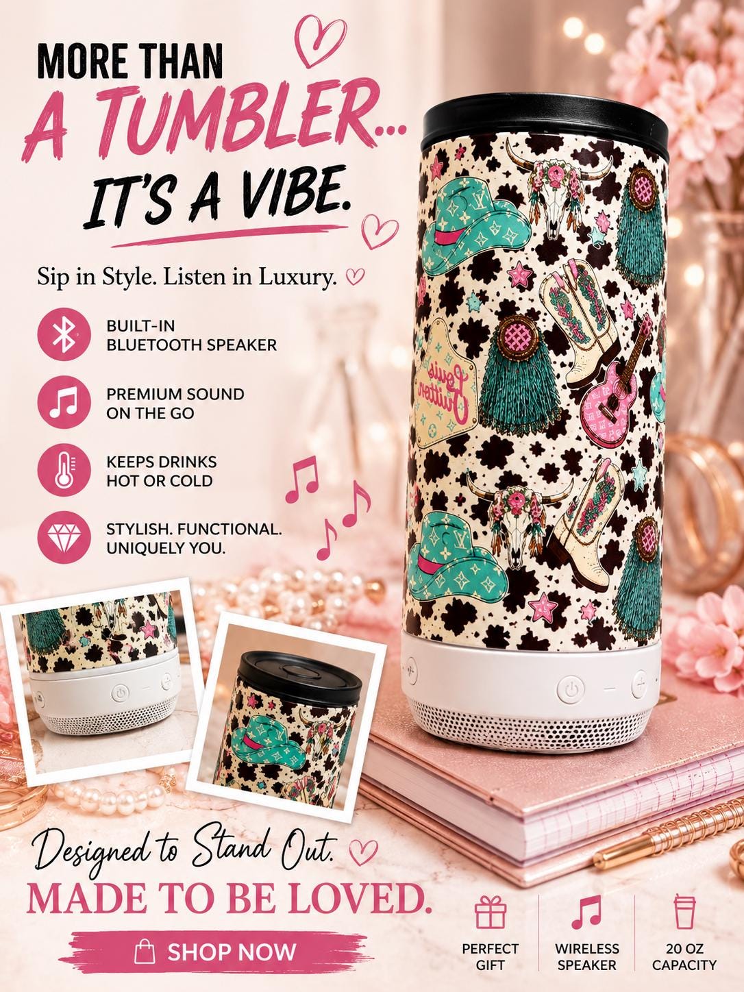 Western Cow Print Bluetooth Speaker Tumbler | 16 oz Insulated Travel Cup