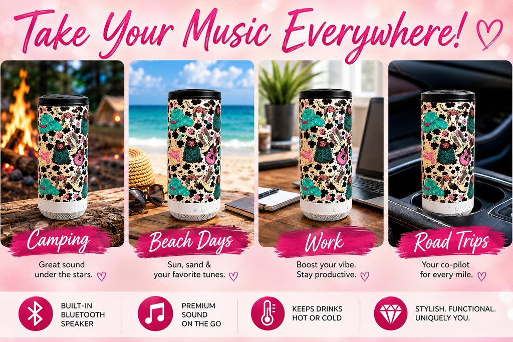 Western Cow Print Bluetooth Speaker Tumbler | 16 oz Insulated Travel Cup