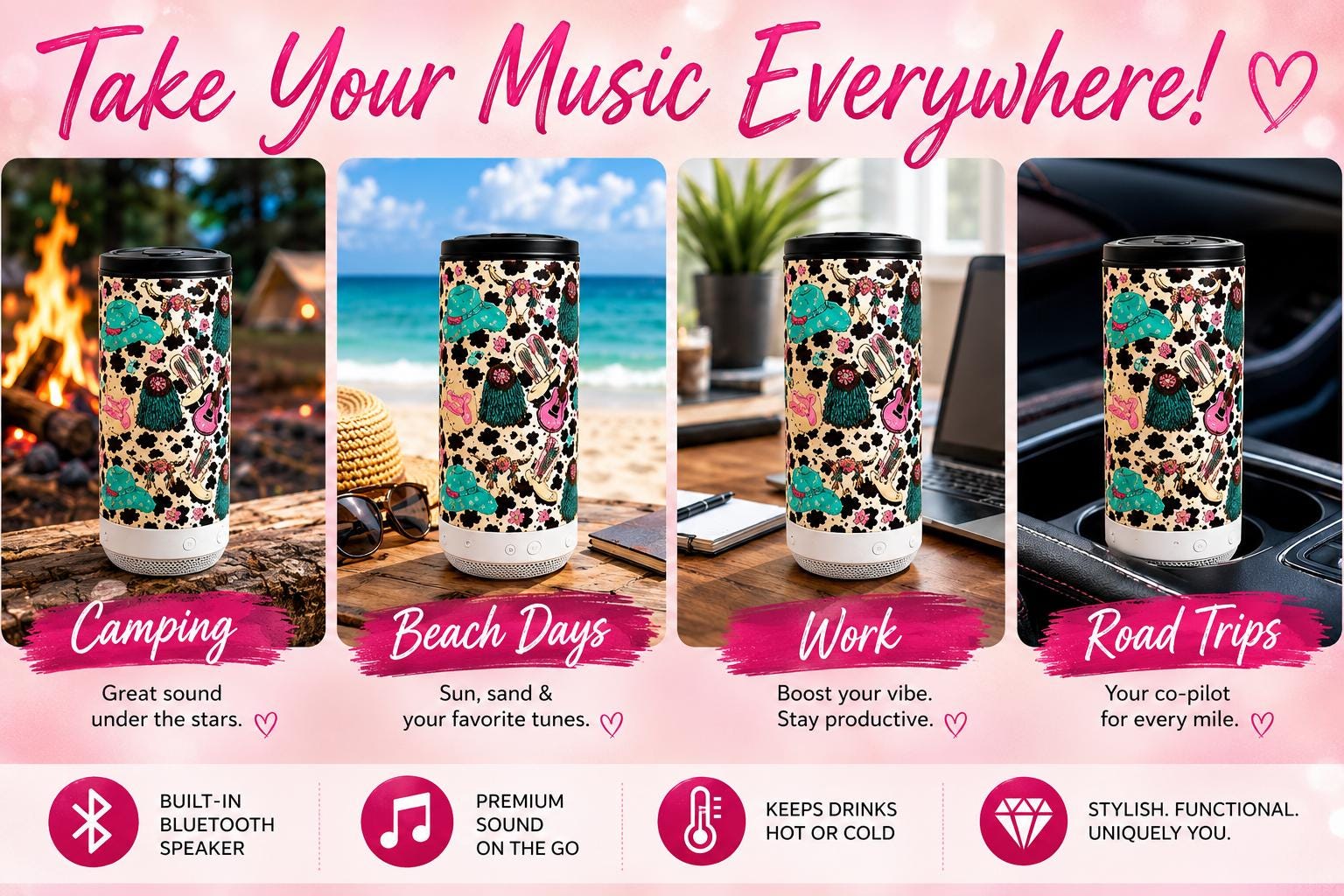 Western Cow Print Bluetooth Speaker Tumbler | 16 oz Insulated Travel Cup