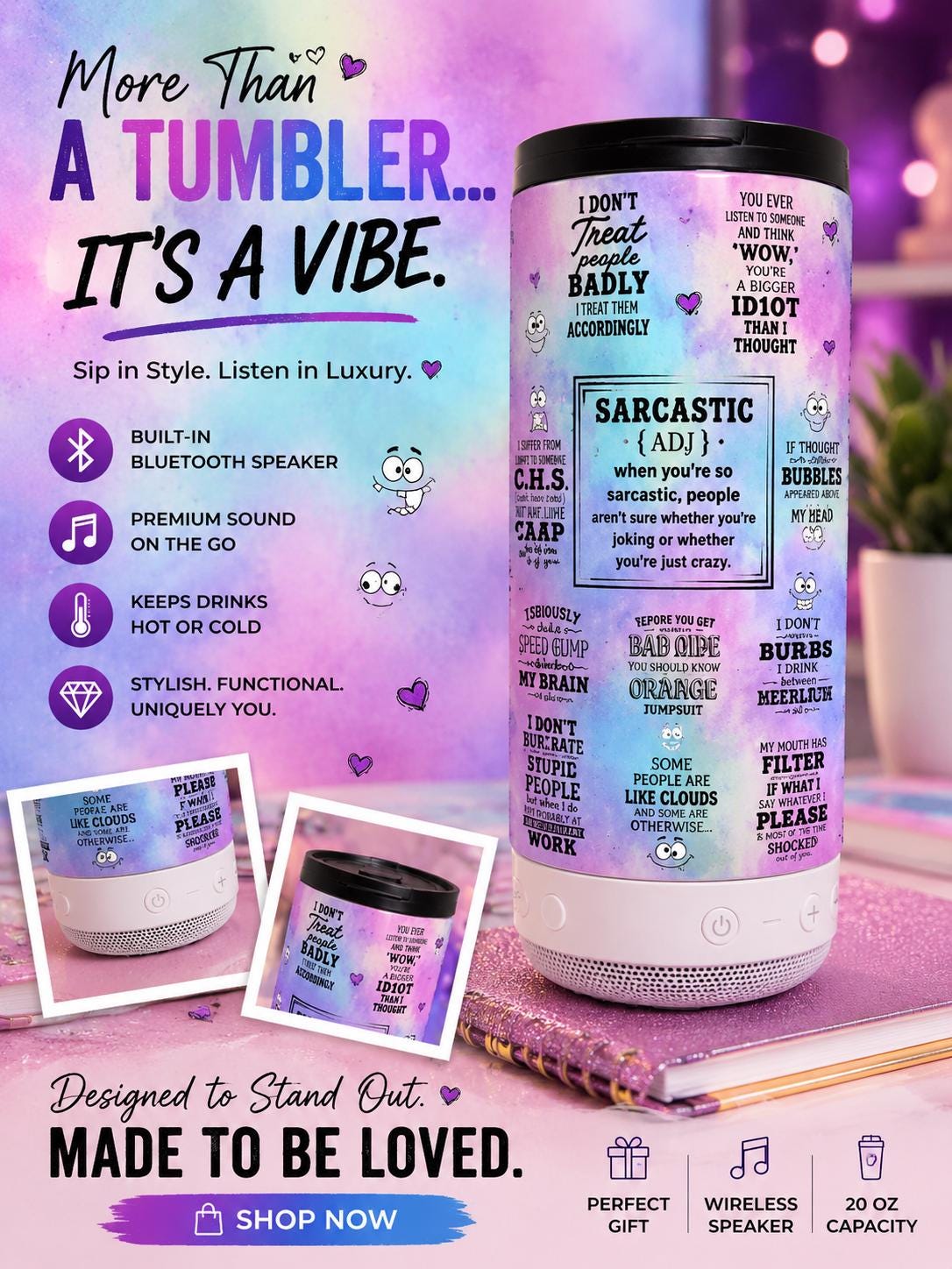 16 oz Bluetooth Speaker Tumbler | Sarcastic Quote Can Cooler | Wireless Audio Cup