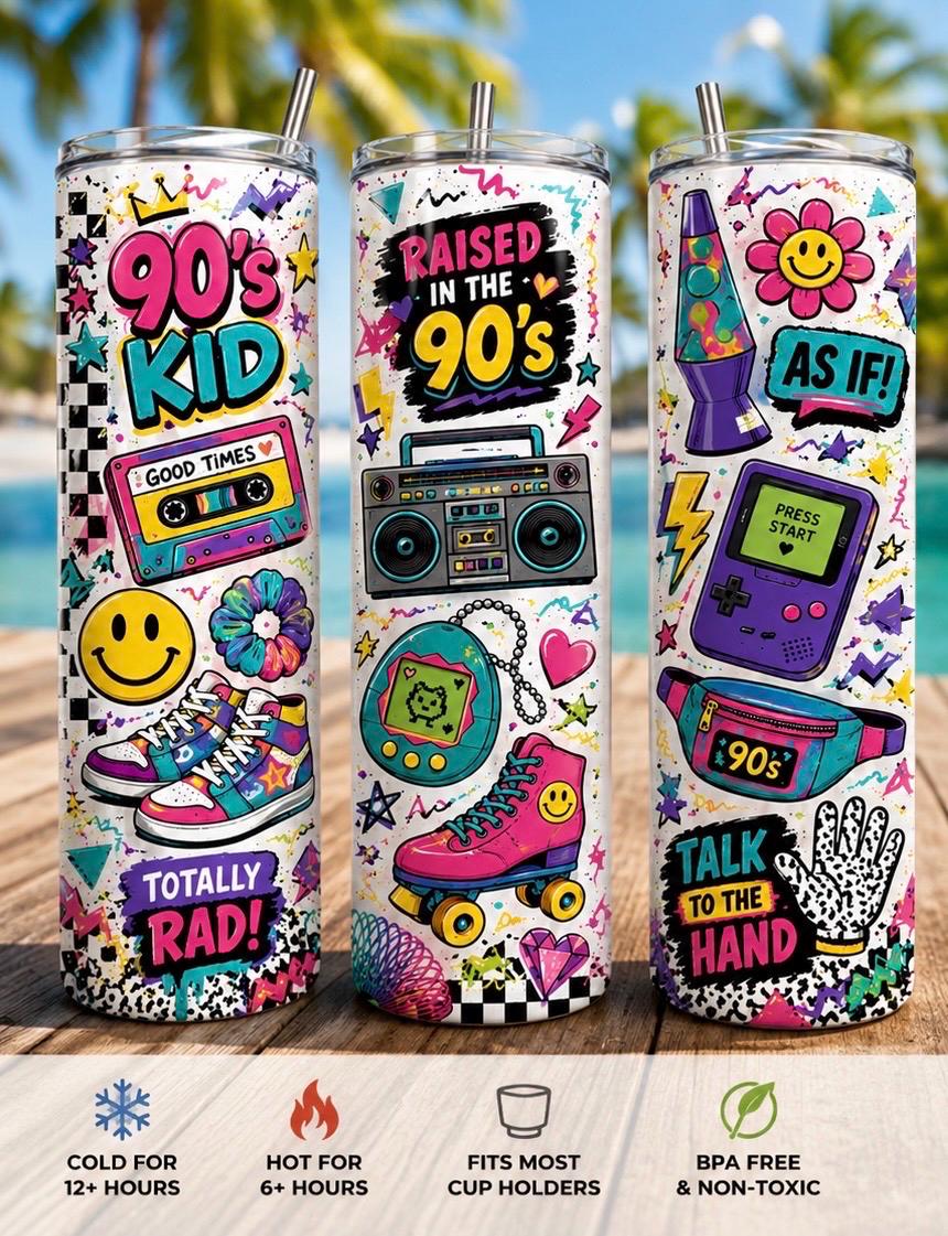 90s Kid Tumbler | Retro Cassette, Game Boy, Lava Lamp Graphics (20oz Skinny)