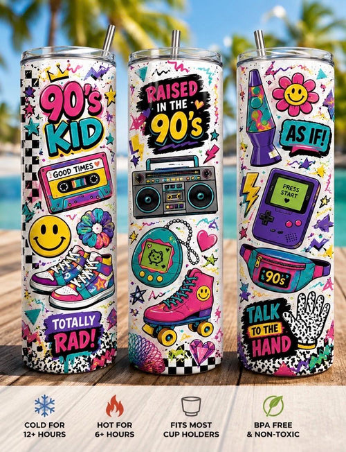 90s Kid Tumbler | Retro Cassette, Game Boy, Lava Lamp Graphics (20oz Skinny)