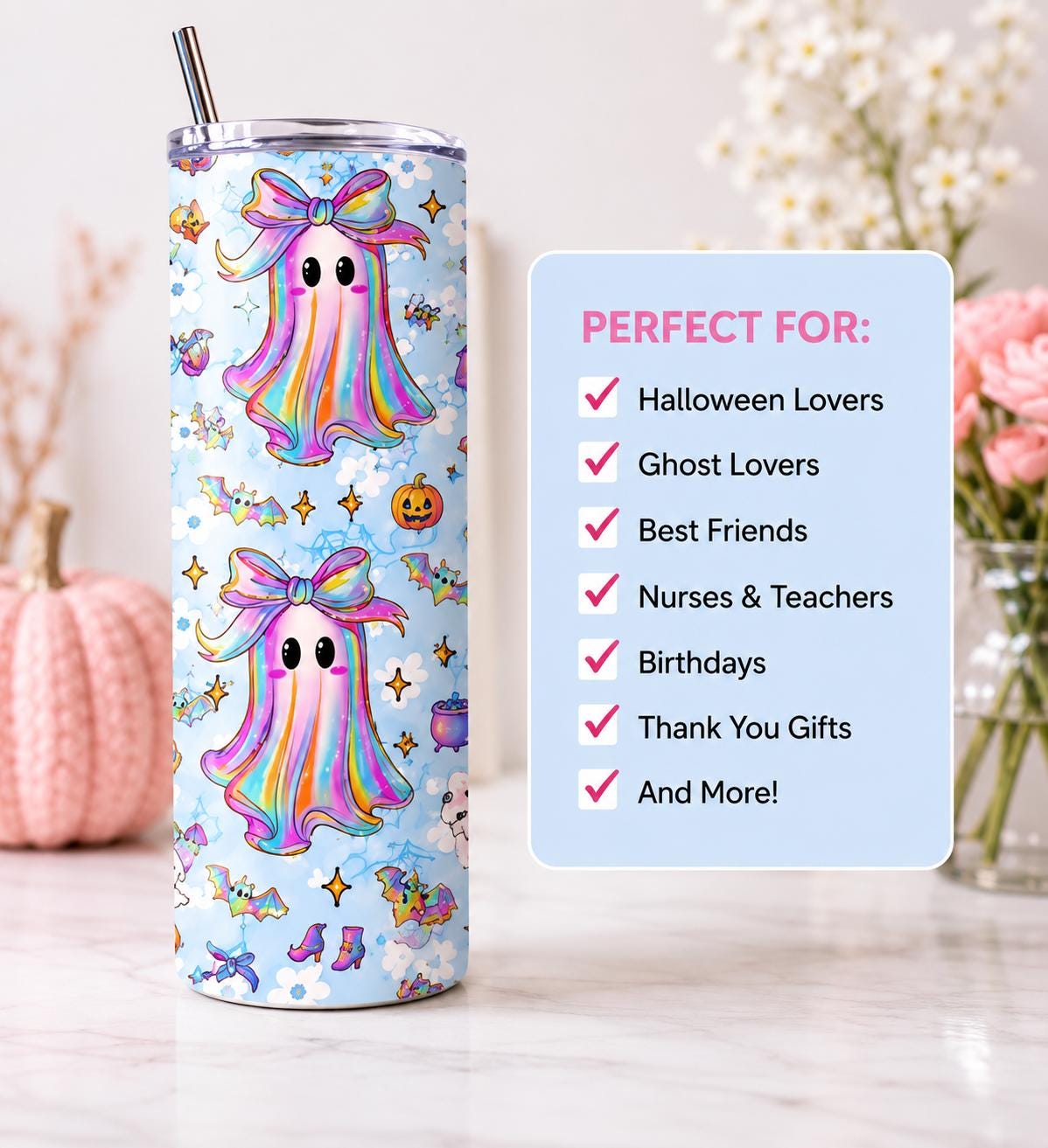 Pastel Rainbow Ghost Halloween 20 oz Skinny Tumbler