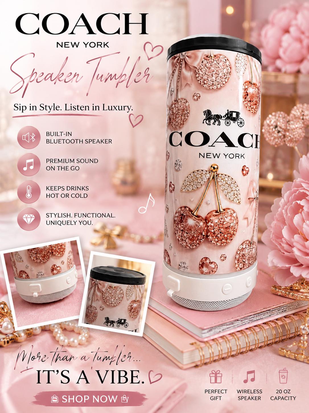 16 oz Bluetooth Speaker Tumbler | Cherry Design Can Cooler, Insulated Travel Mug