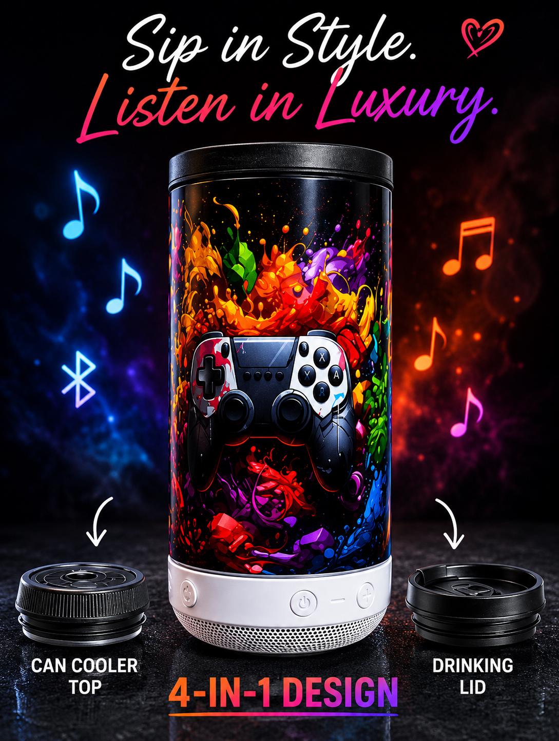 16 oz Gaming Bluetooth Speaker Tumbler | RGB Controller Can Cooler Cup | Insulated Travel Mug