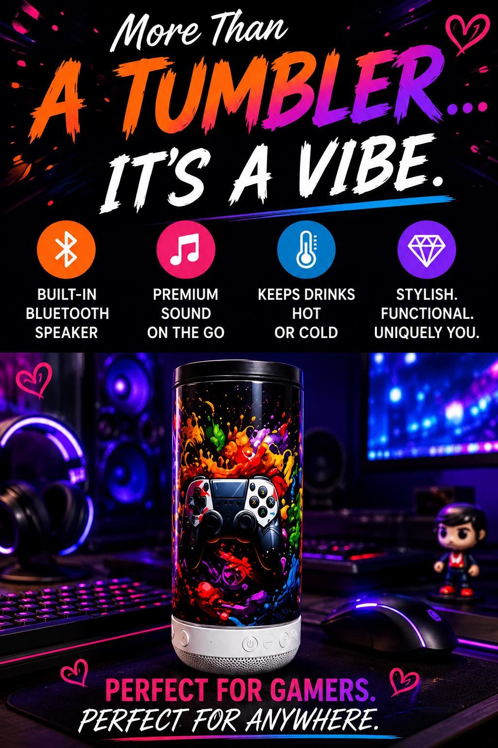 16 oz Gaming Bluetooth Speaker Tumbler | RGB Controller Can Cooler Cup | Insulated Travel Mug