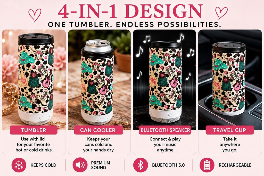 Western Cow Print Bluetooth Speaker Tumbler | 16 oz Insulated Travel Cup