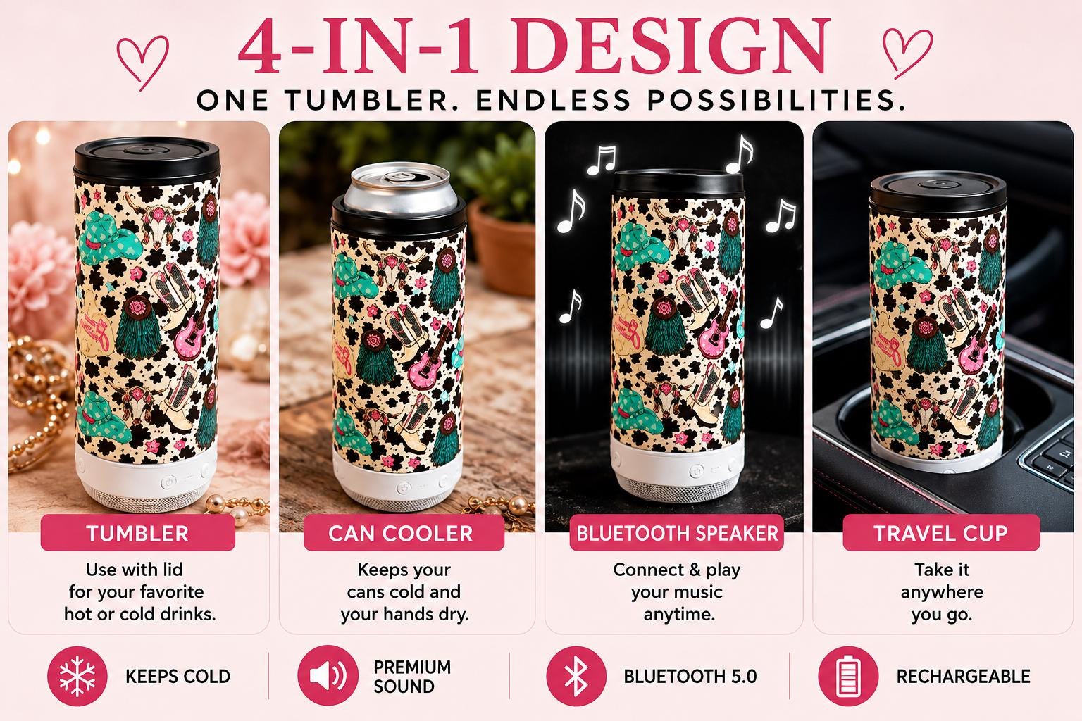 Western Cow Print Bluetooth Speaker Tumbler | 16 oz Insulated Travel Cup