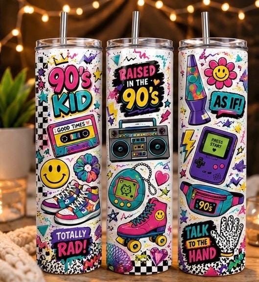 90s Kid Tumbler | Retro Cassette, Game Boy, Lava Lamp Graphics (20oz Skinny)