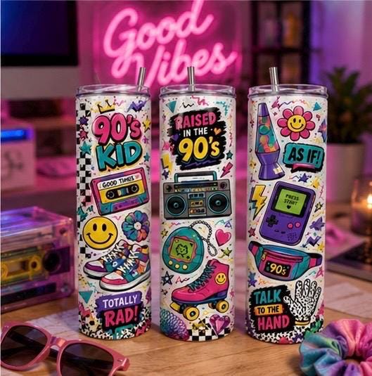 90s Kid Tumbler | Retro Cassette, Game Boy, Lava Lamp Graphics (20oz Skinny)