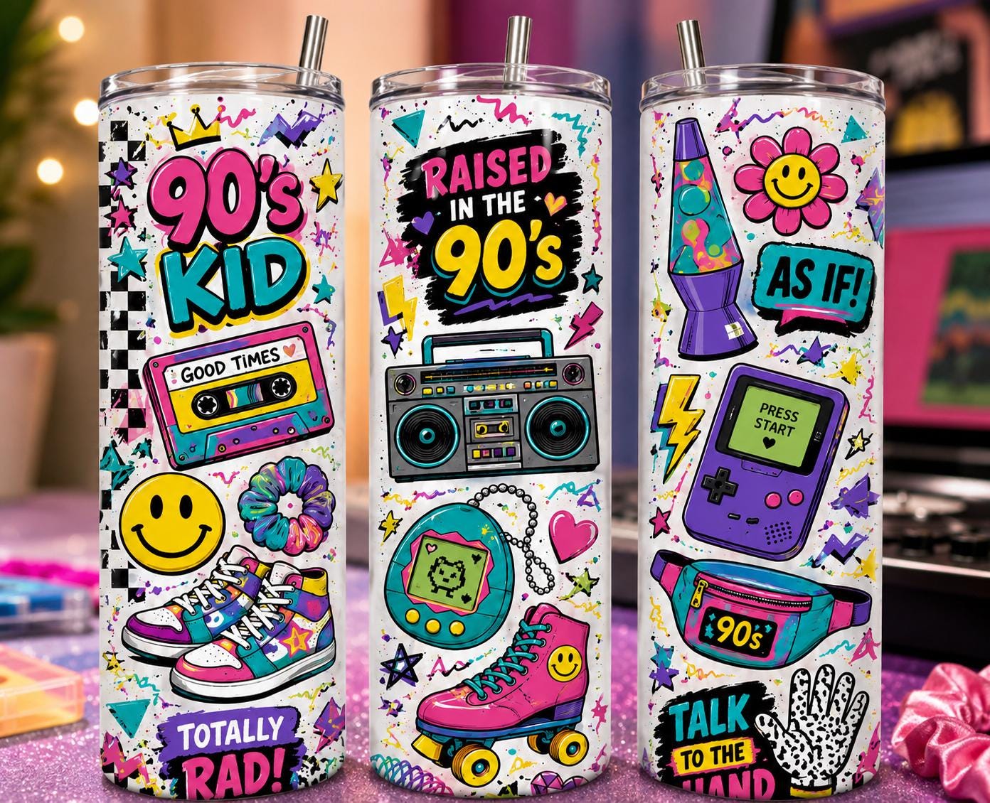 90s Kid Tumbler | Retro Cassette, Game Boy, Lava Lamp Graphics (20oz Skinny)