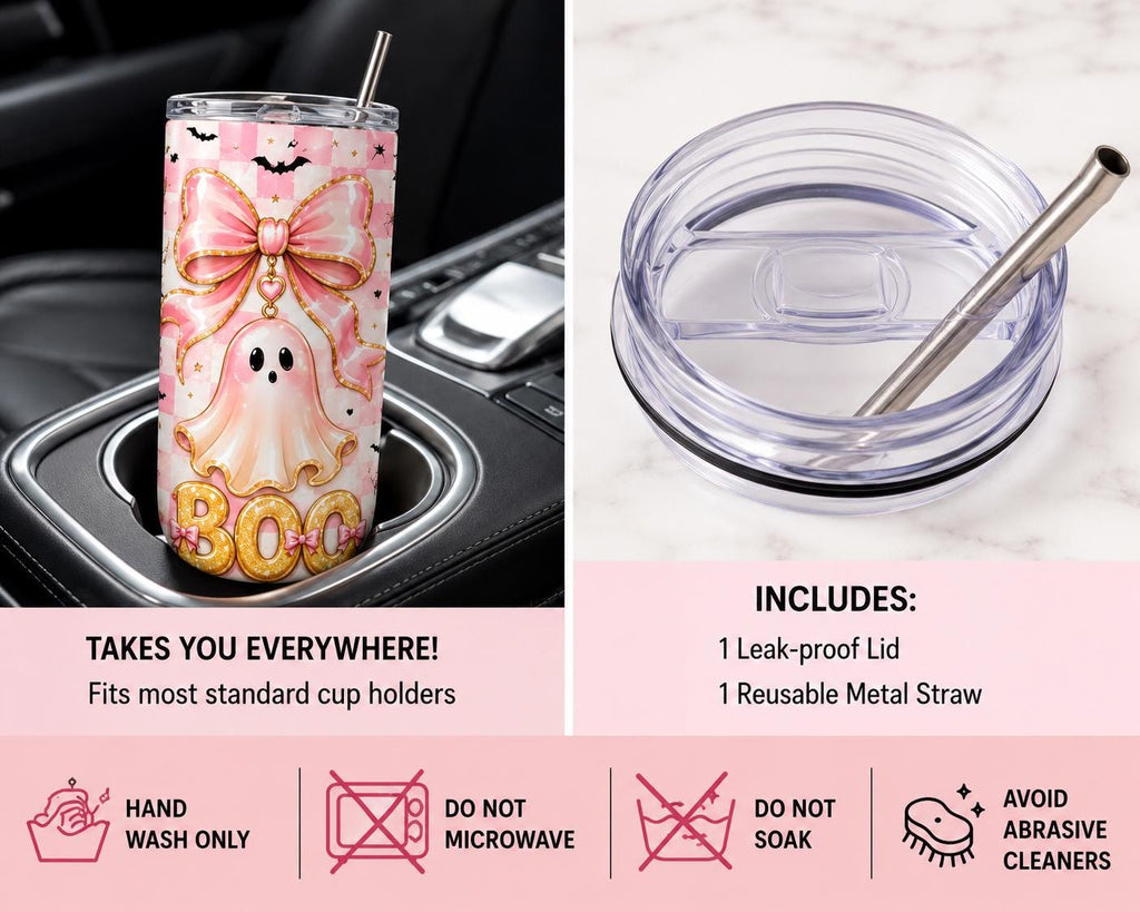 Pink Ghost Halloween 20 oz Skinny Tumbler with Lid & Metal Straw