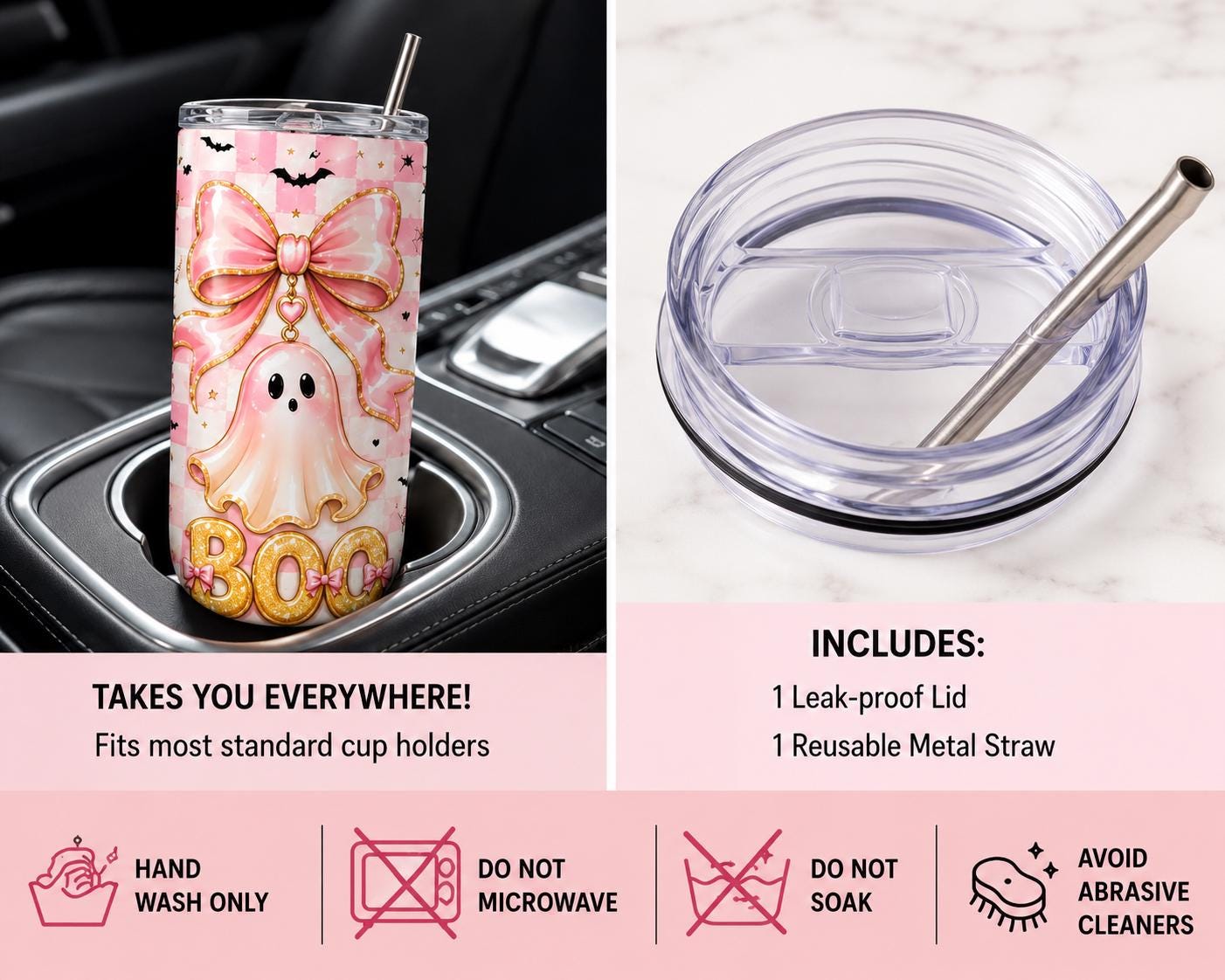 Pink Ghost Halloween 20 oz Skinny Tumbler with Lid & Metal Straw