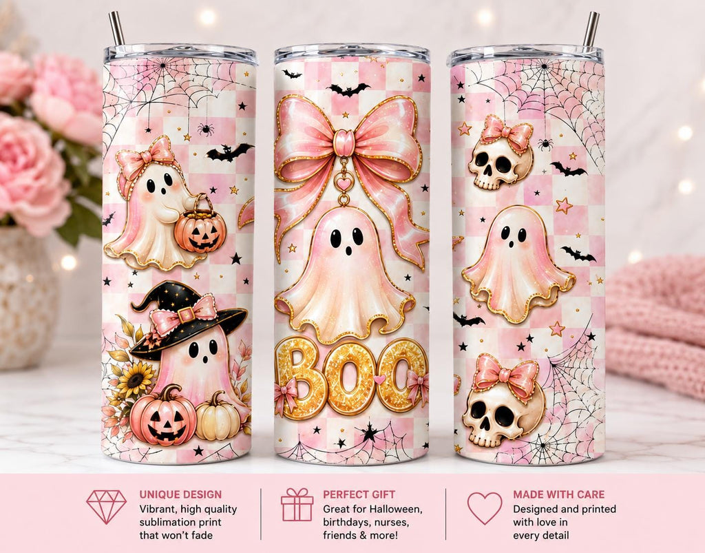 Pink Ghost Halloween 20 oz Skinny Tumbler with Lid & Metal Straw