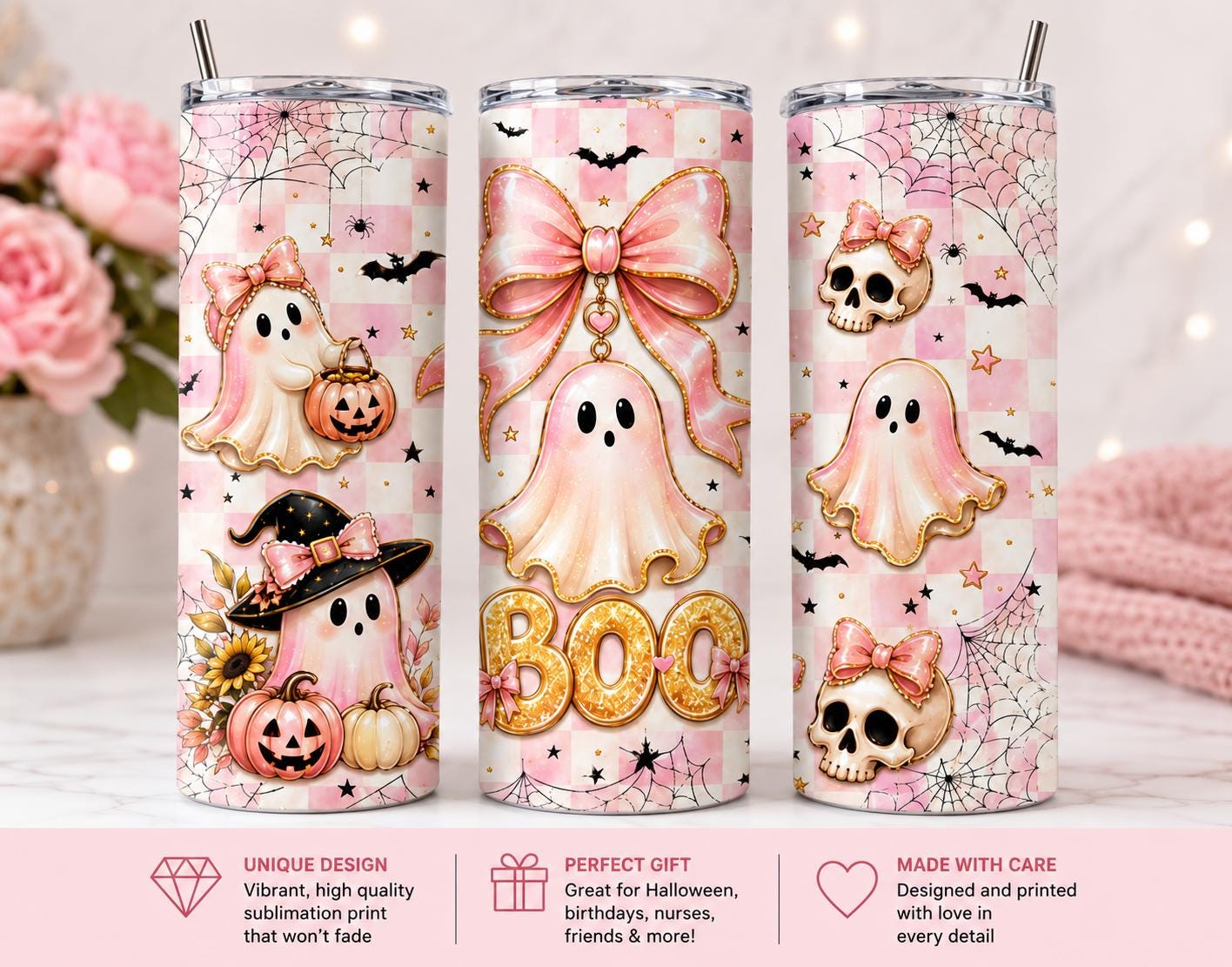 Pink Ghost Halloween 20 oz Skinny Tumbler with Lid & Metal Straw