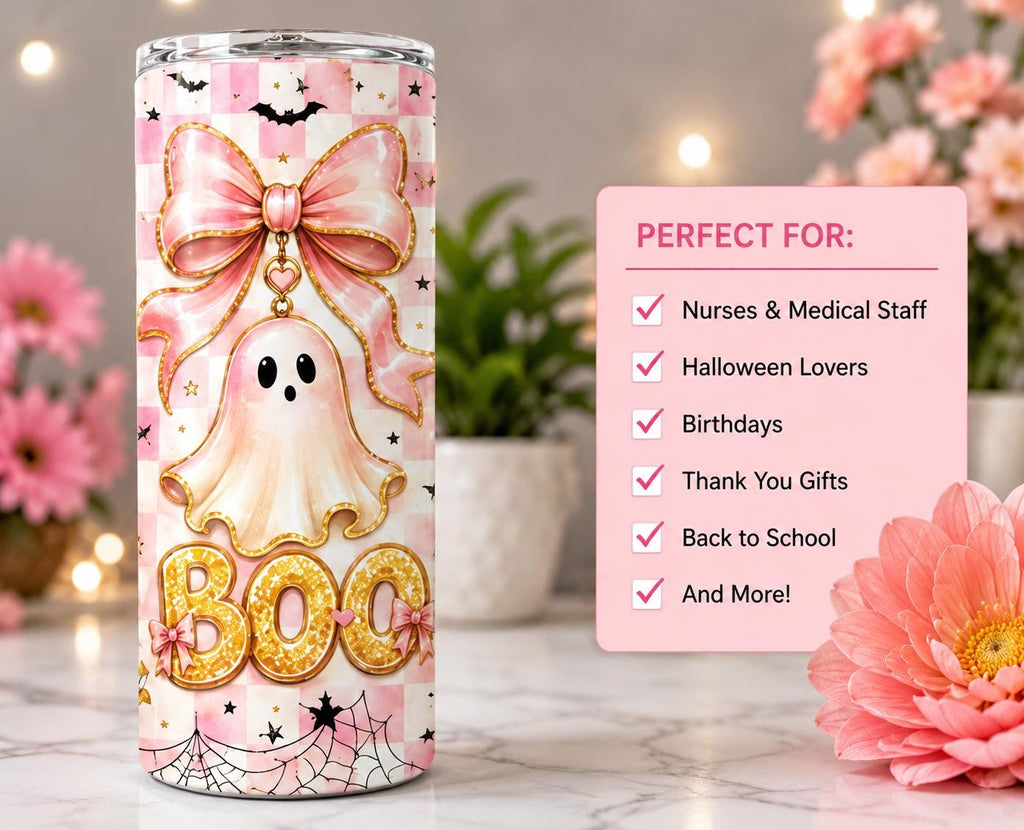 Pink Ghost Halloween 20 oz Skinny Tumbler with Lid & Metal Straw