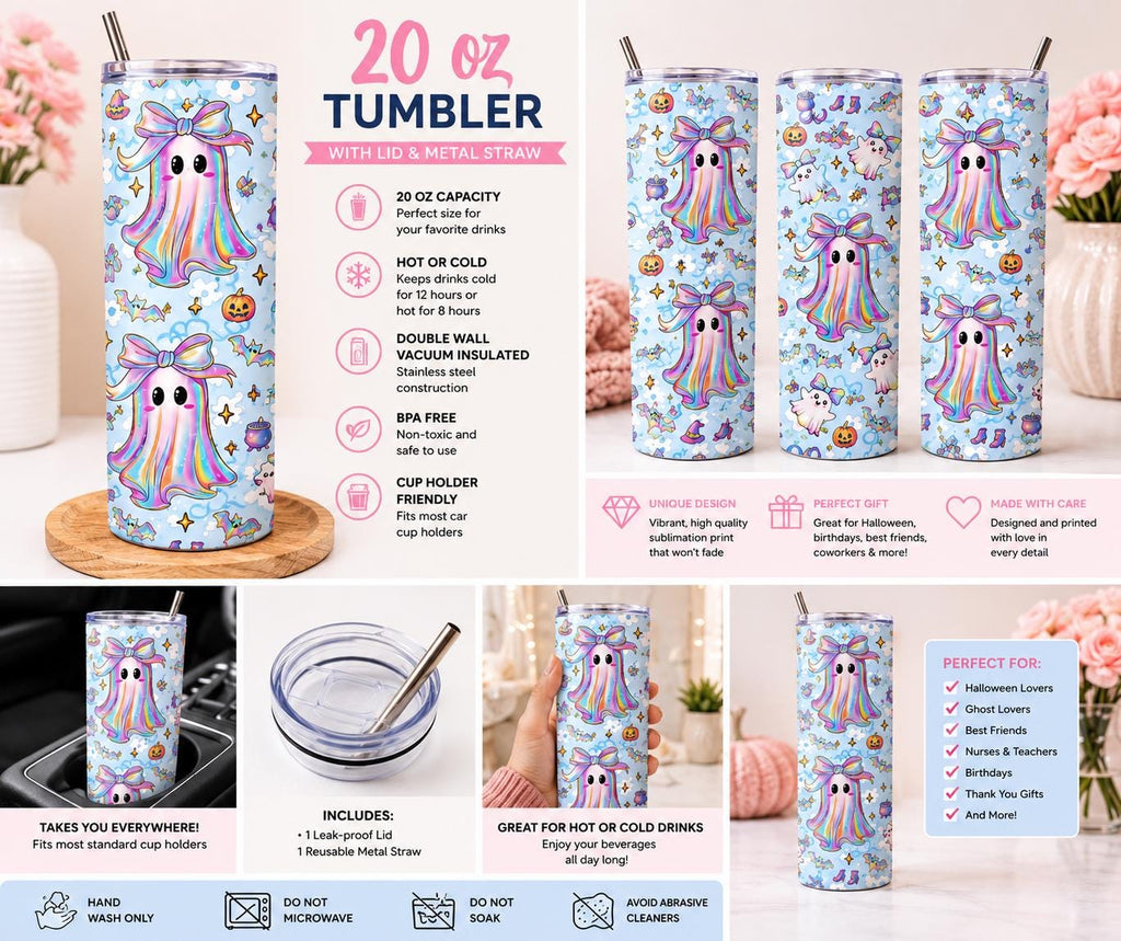 Pastel Rainbow Ghost Halloween 20 oz Skinny Tumbler