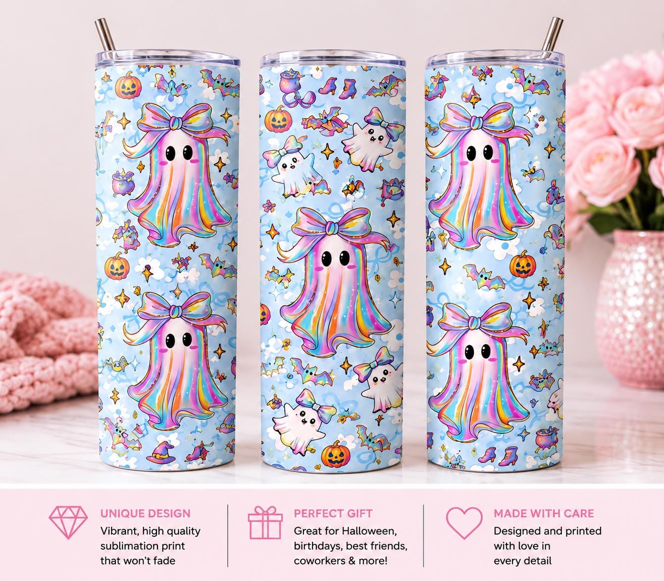 Pastel Rainbow Ghost Halloween 20 oz Skinny Tumbler