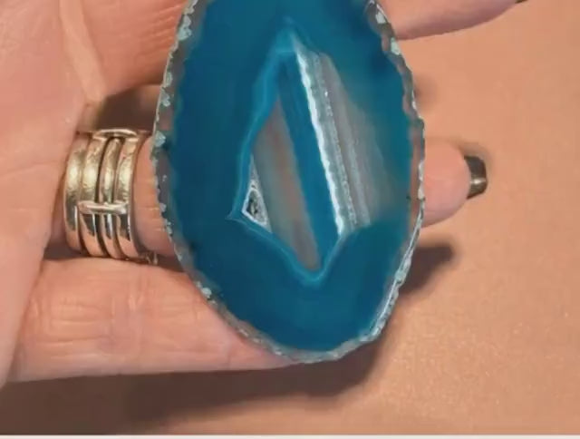 Blue Agate Slice Necklace | Handmade Black Beaded Pendant | Natural Crystal Jewelry