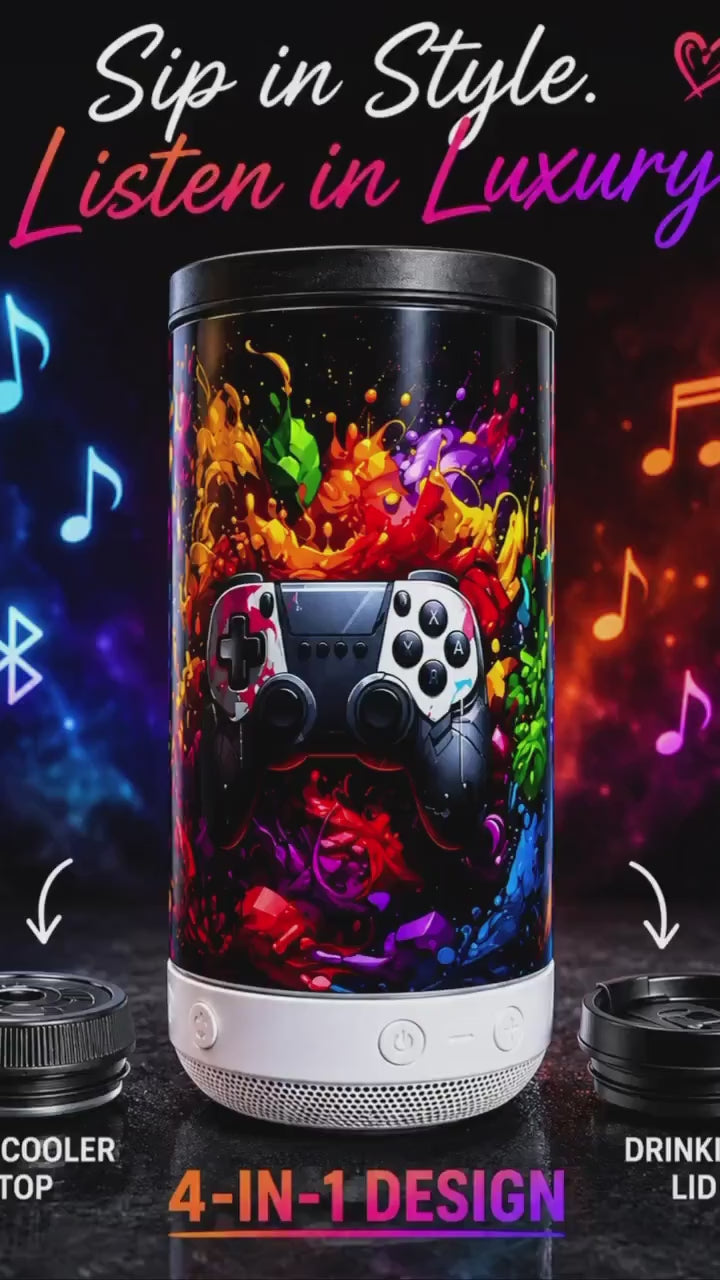 16 oz Gaming Bluetooth Speaker Tumbler | RGB Controller Can Cooler Cup | Insulated Travel Mug