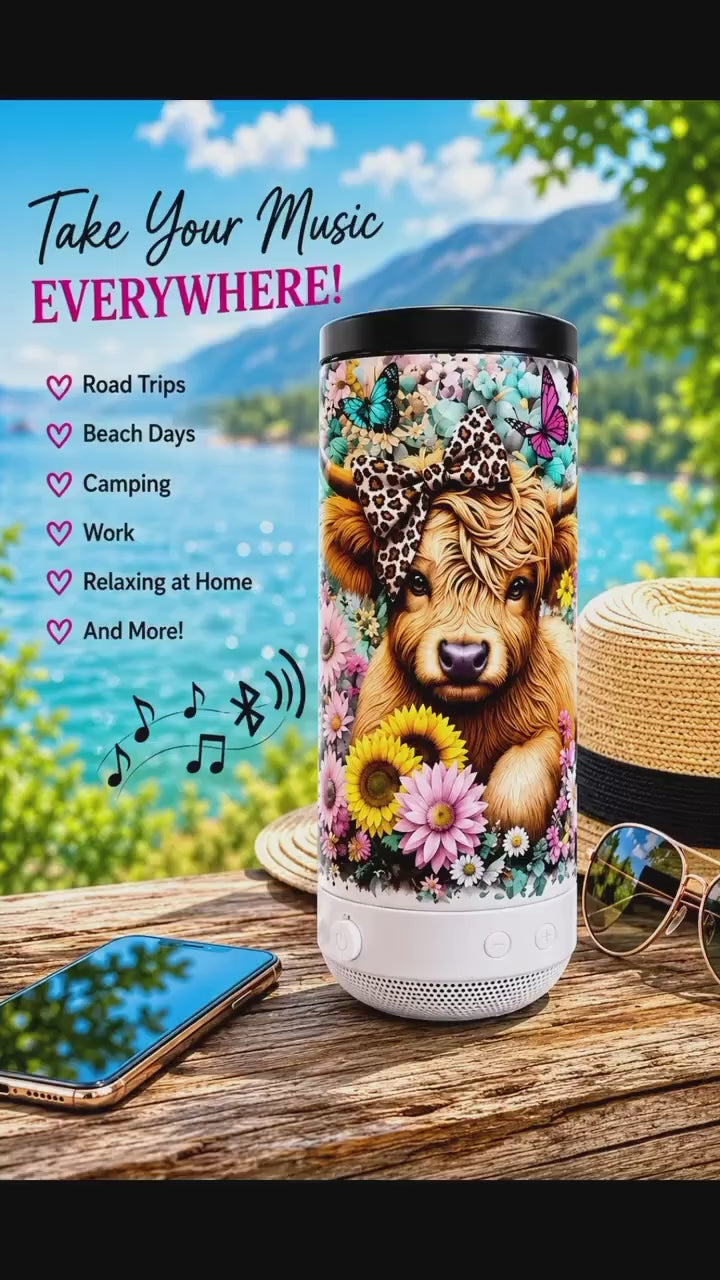 Floral Highland Cow Bluetooth Speaker Tumbler | 16 oz Insulated Can Cooler Cup