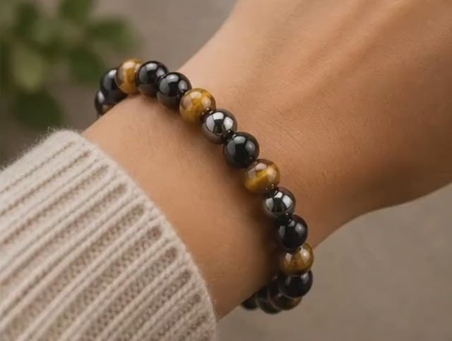 Triple pertection bracelet Black obsidian, gold tigers eye, and hematite
