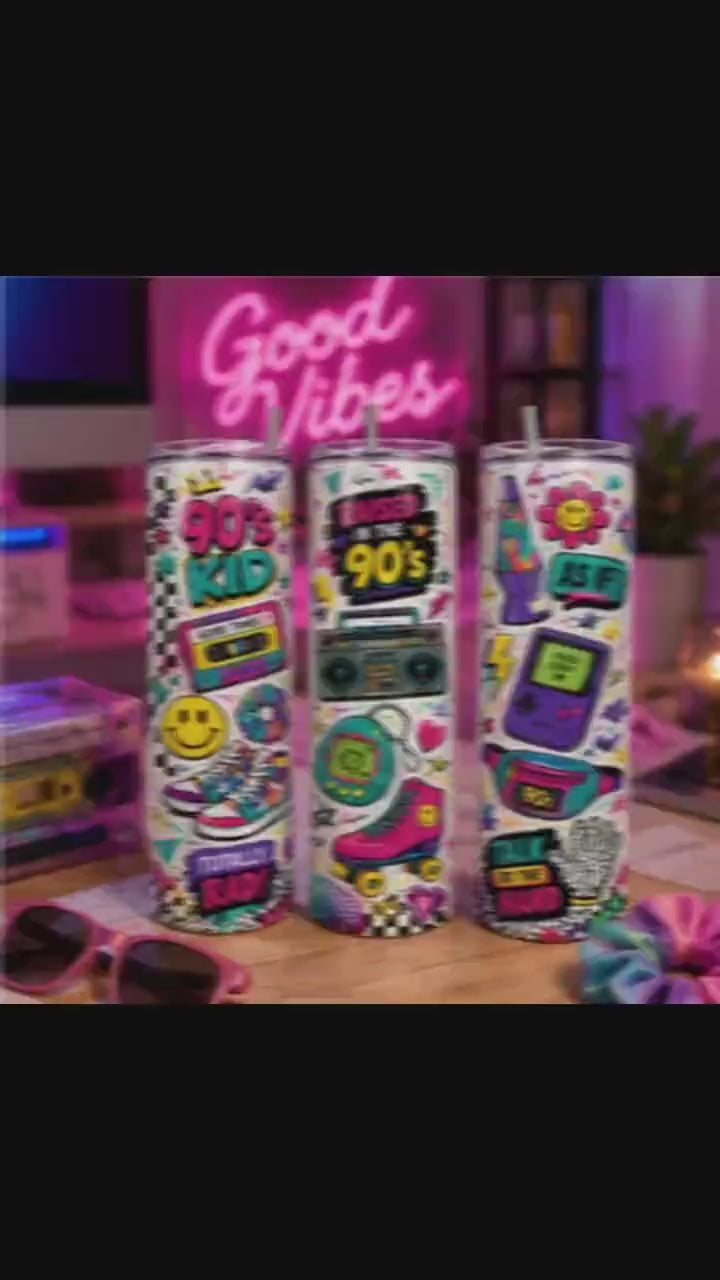 90s Kid Tumbler | Retro Cassette, Game Boy, Lava Lamp Graphics (20oz Skinny)