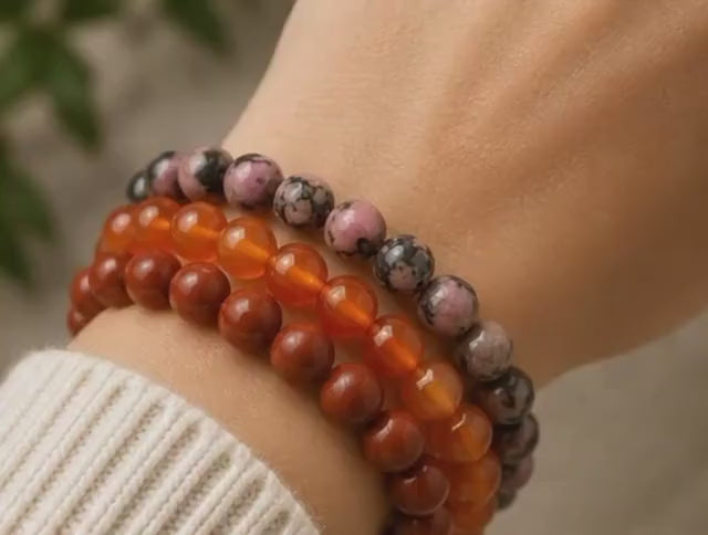 Rhodonite Carnelian Red Jasper Bracelet Stack | Natural Crystal Trio Set