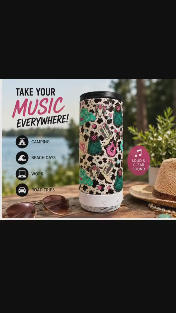 Western Cow Print Bluetooth Speaker Tumbler | 16 oz Insulated Travel Cup