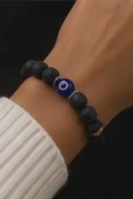 Obsidian Guardian 8mm Lava Stone Evil Eye Protection Bracelet