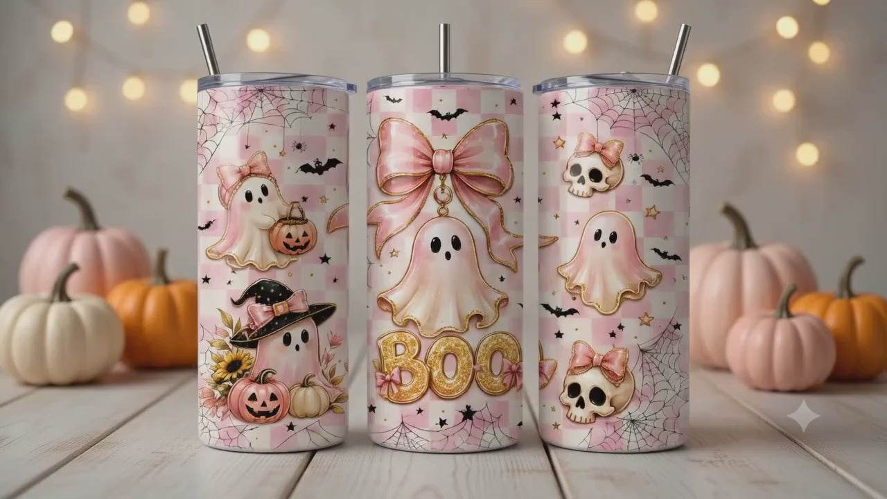 Pink Ghost Halloween 20 oz Skinny Tumbler with Lid & Metal Straw
