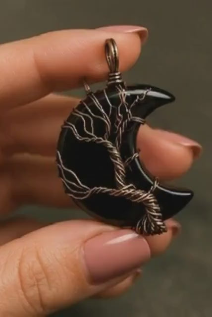 Shadow Moon Black Obsidian Wire Wrap Crescent Pendant